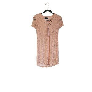 90s Lace short sleeve pink‎ Shift Dress size 7lace up neckline